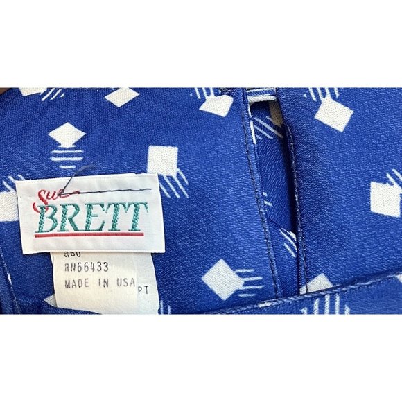 VINTAGE BOHO RETRO MOD 70s SUE BRETT GEOMETRIC SLEEVE DRESS BLUE SIZE L XL - Picture 3 of 6